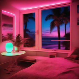 An 80's style apartment with vibrant neon interior lights reflecting off vintage furnishings, displaying a beautiful night view of a sandy beach lined with palm trees through the window.