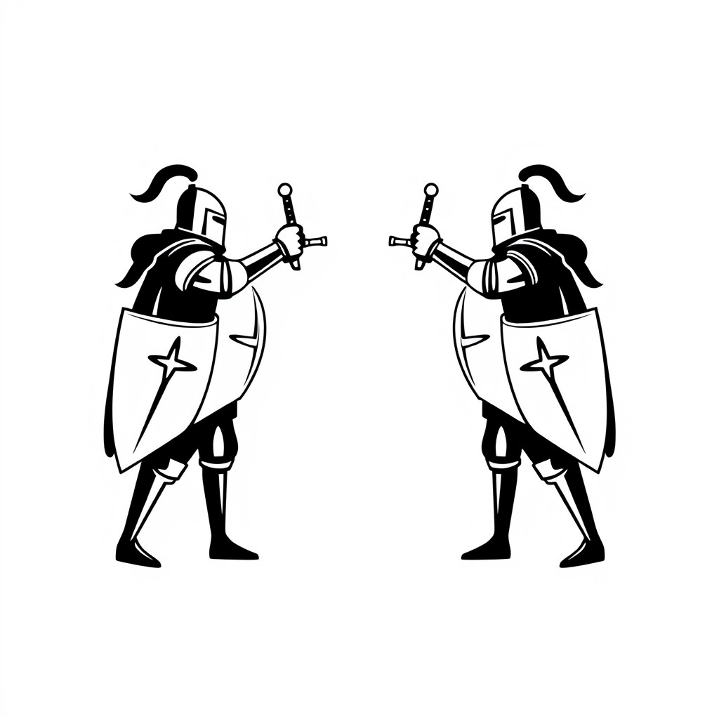 A simple black and white logo featuring two knights facing each other