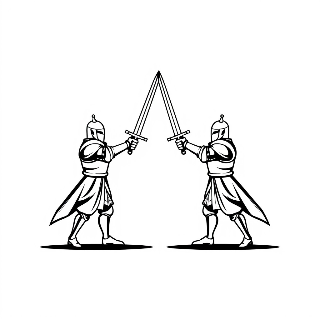 A simple black and white logo featuring two knights facing each other on a white background
