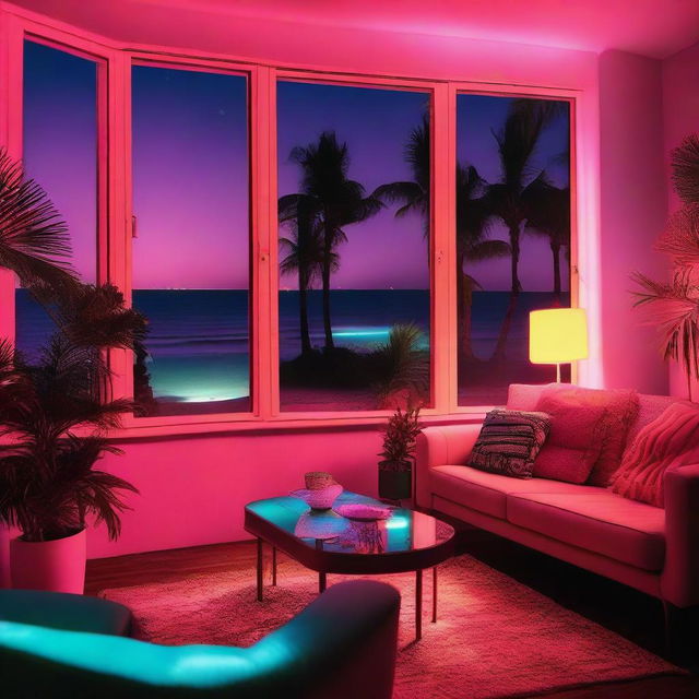 An 80's style apartment with vibrant neon interior lights reflecting off vintage furnishings, displaying a beautiful night view of a sandy beach lined with palm trees through the window.