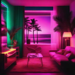 An 80's style apartment with vibrant neon interior lights reflecting off vintage furnishings, displaying a beautiful night view of a sandy beach lined with palm trees through the window.