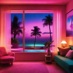 An 80's style apartment with vibrant neon interior lights reflecting off vintage furnishings, displaying a beautiful night view of a sandy beach lined with palm trees through the window.