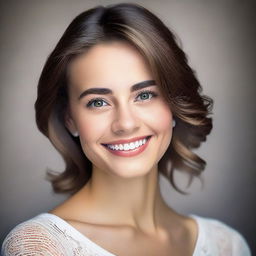 A respectful, tasteful portrait of a young woman exuding charm and elegance. Her beauty is defined by her self-confidence, radiant smile, and expressive eyes.