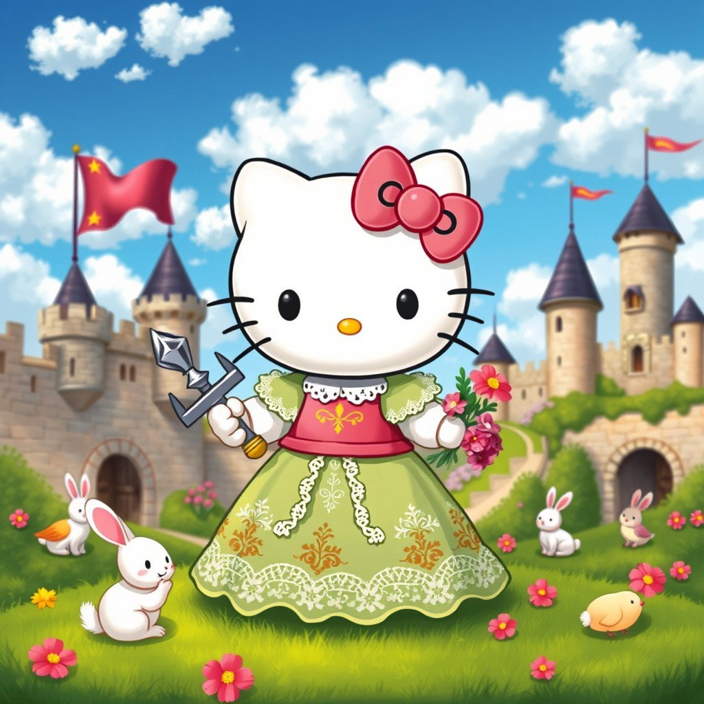 Whimsical Hello Kitty in a Medieval Fantasy