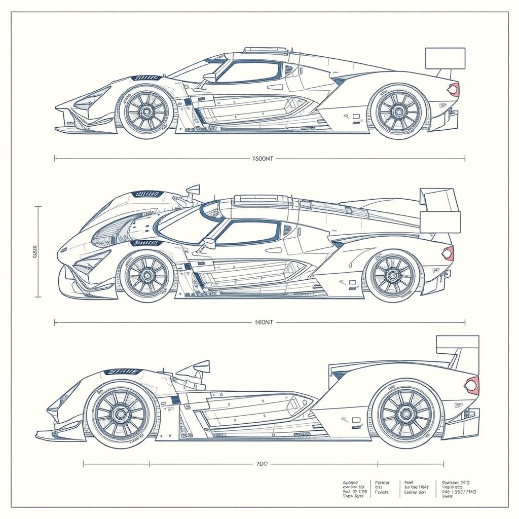 A highly detailed blueprint of a Le Mans type hypercar, showcasing intricate designs and engineering features