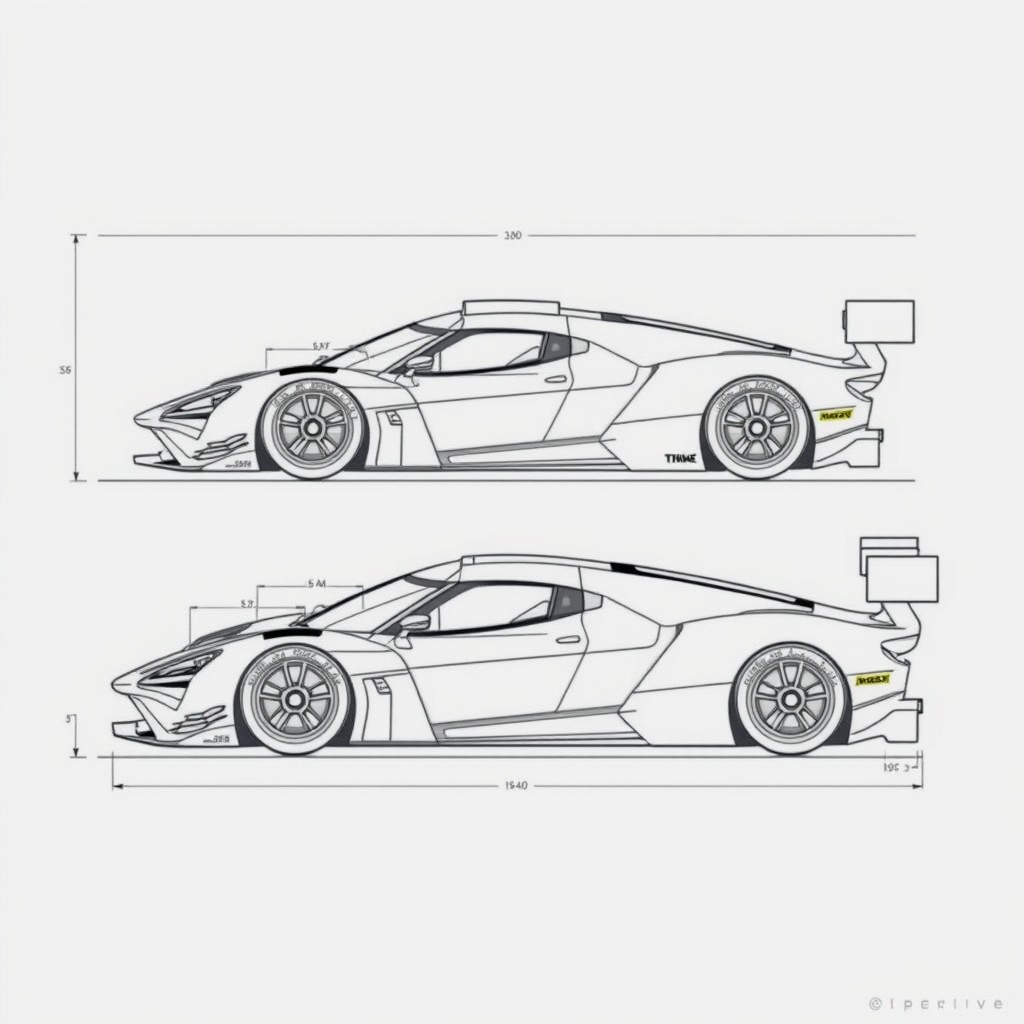 A detailed blueprint design of a Le Mans type hypercar showcasing four distinct views: front, back, side, and top angles