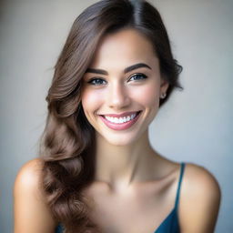 A respectful, tasteful portrait of a young woman exuding charm and elegance. Her beauty is defined by her self-confidence, radiant smile, and expressive eyes.