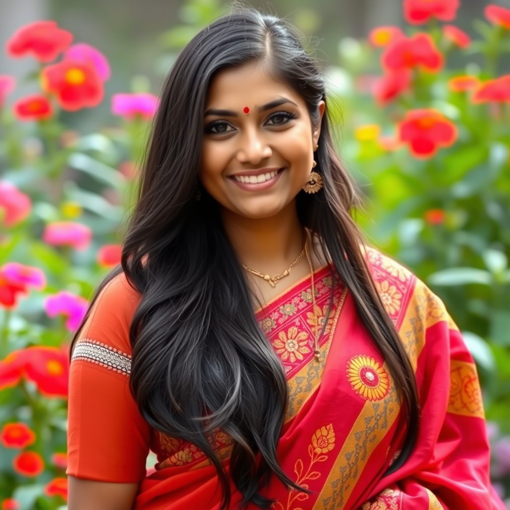 A stunning Indian woman with long, flowing black hair and warm brown skin, dressed in a colorful traditional saree adorned with intricate embroidery