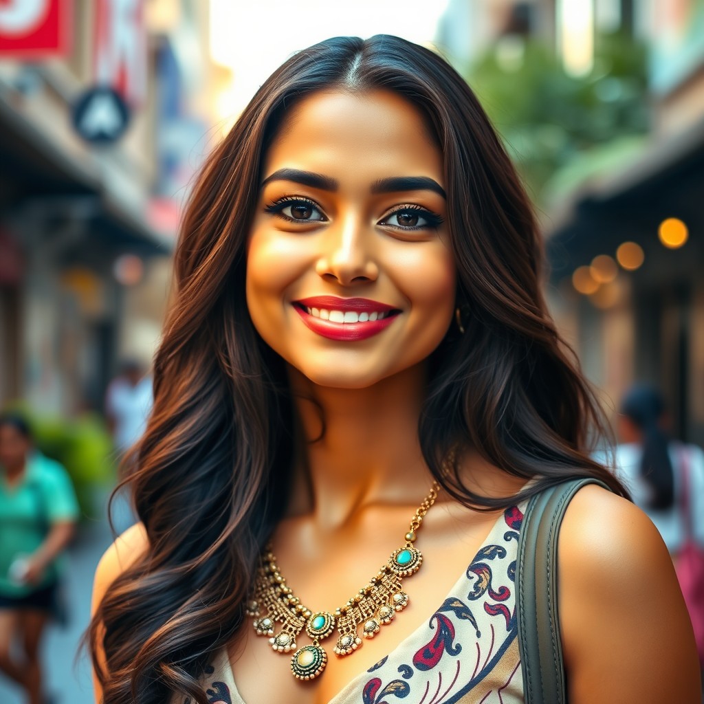 A beautiful Indian-American woman with long, wavy dark hair and a warm, honey-toned complexion