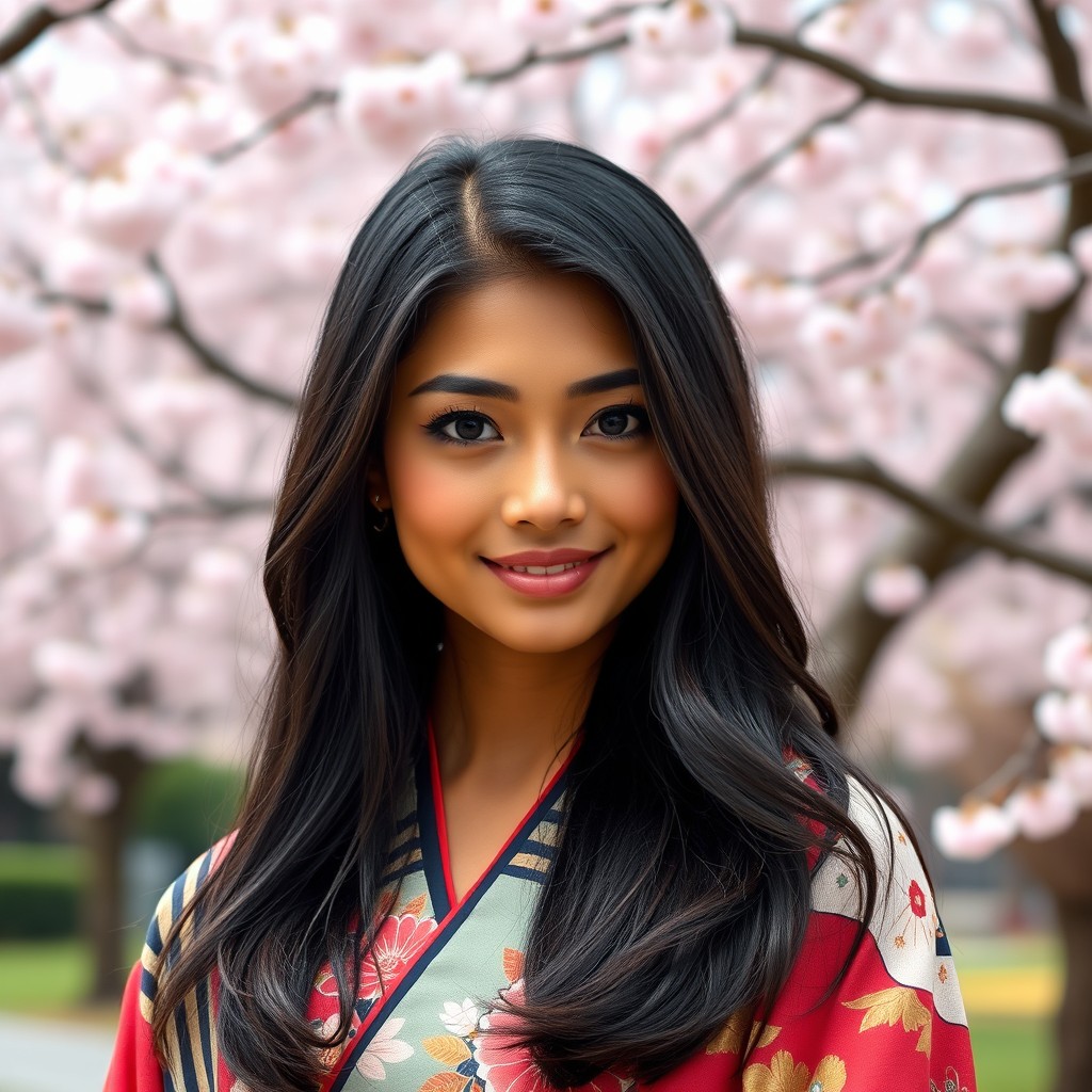 A beautiful woman of Indian-Japanese heritage, showcasing a harmonious blend of features from both cultures