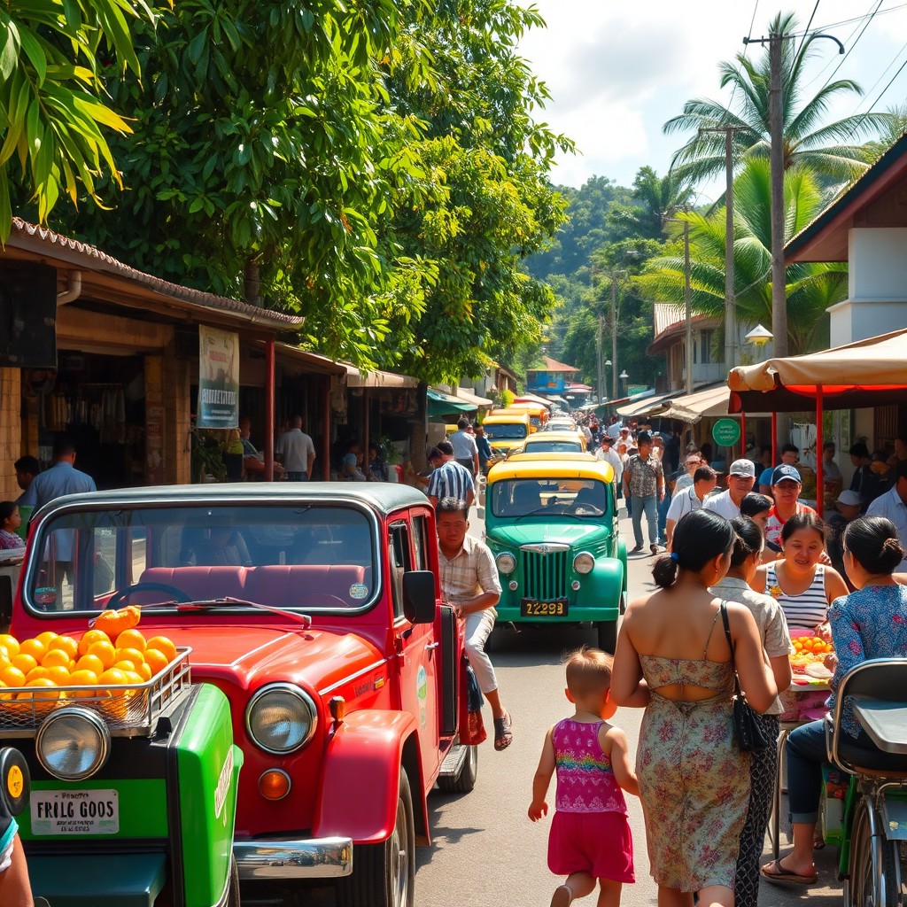 A vibrant street scene in the Philippines featuring colorful jeepneys, local vendors selling fruits and street food, lush greenery in the background, and traditional Filipino architecture