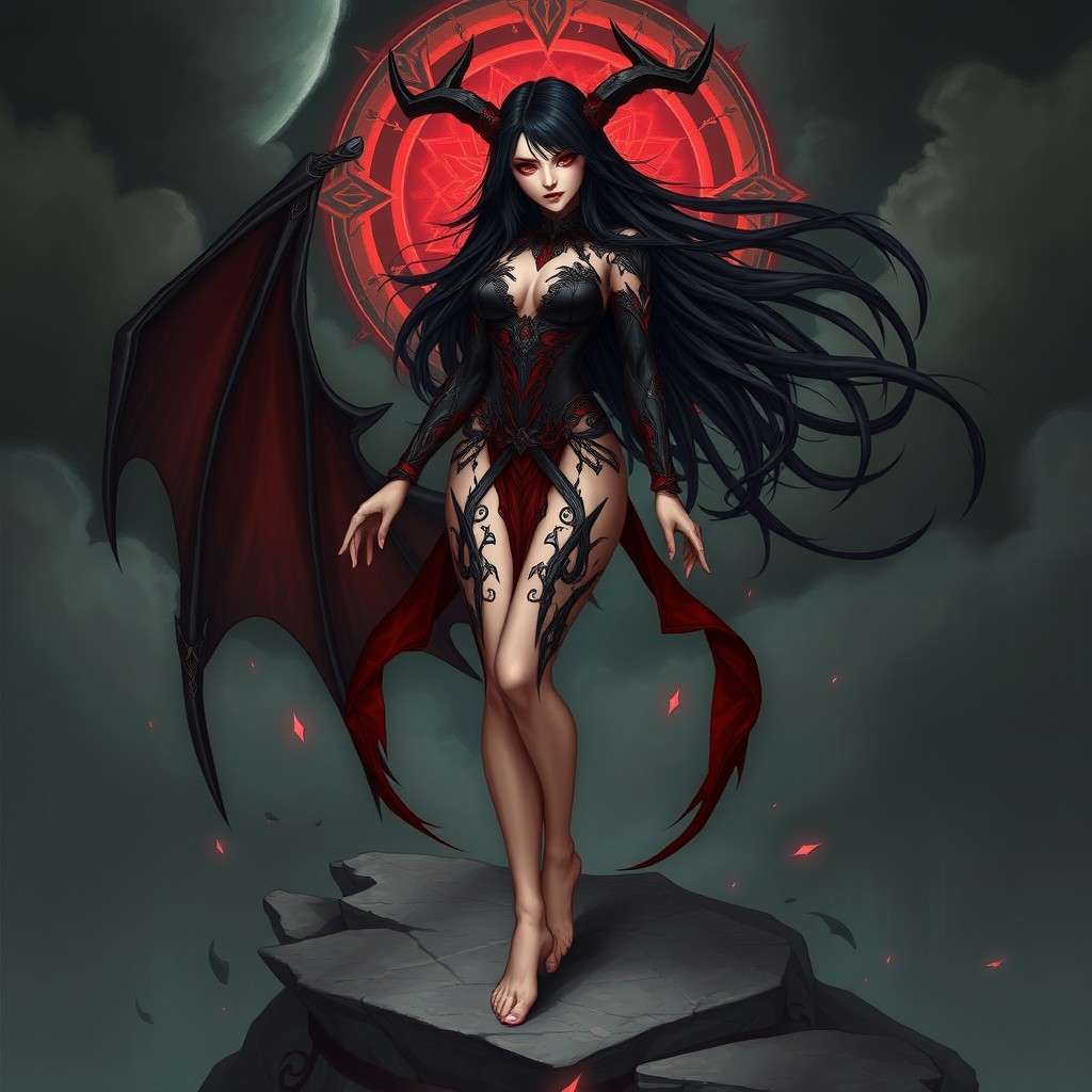 A detailed illustration of Lilith from Diablo, depicted as a powerful and alluring figure