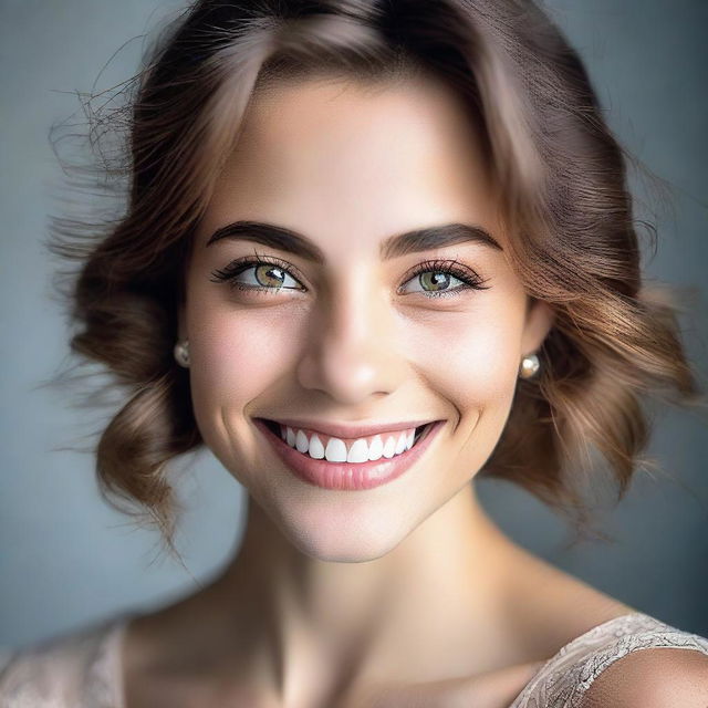 A respectful, tasteful portrait of a young woman exuding charm and elegance. Her beauty is defined by her self-confidence, radiant smile, and expressive eyes.