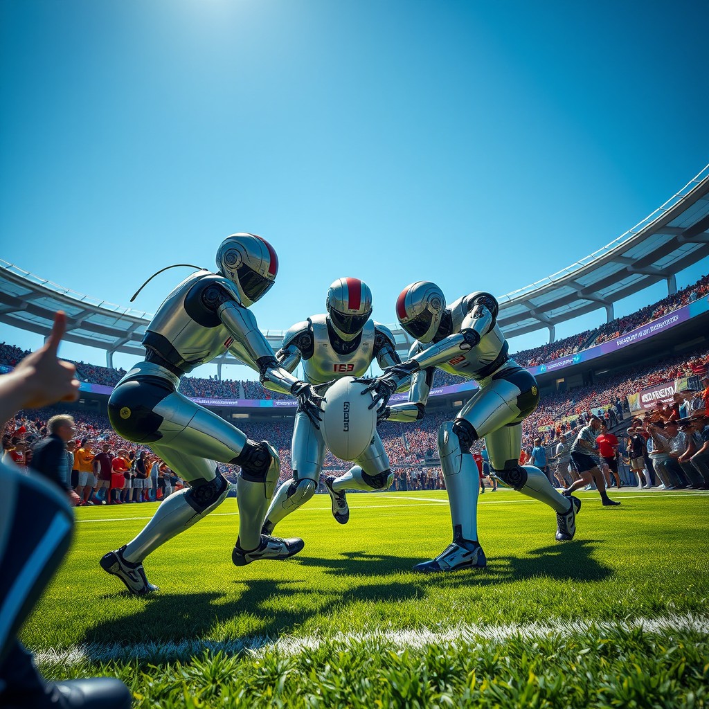 A futuristic scene depicting a match of rugby being played by robots on a vibrant, high-tech stadium
