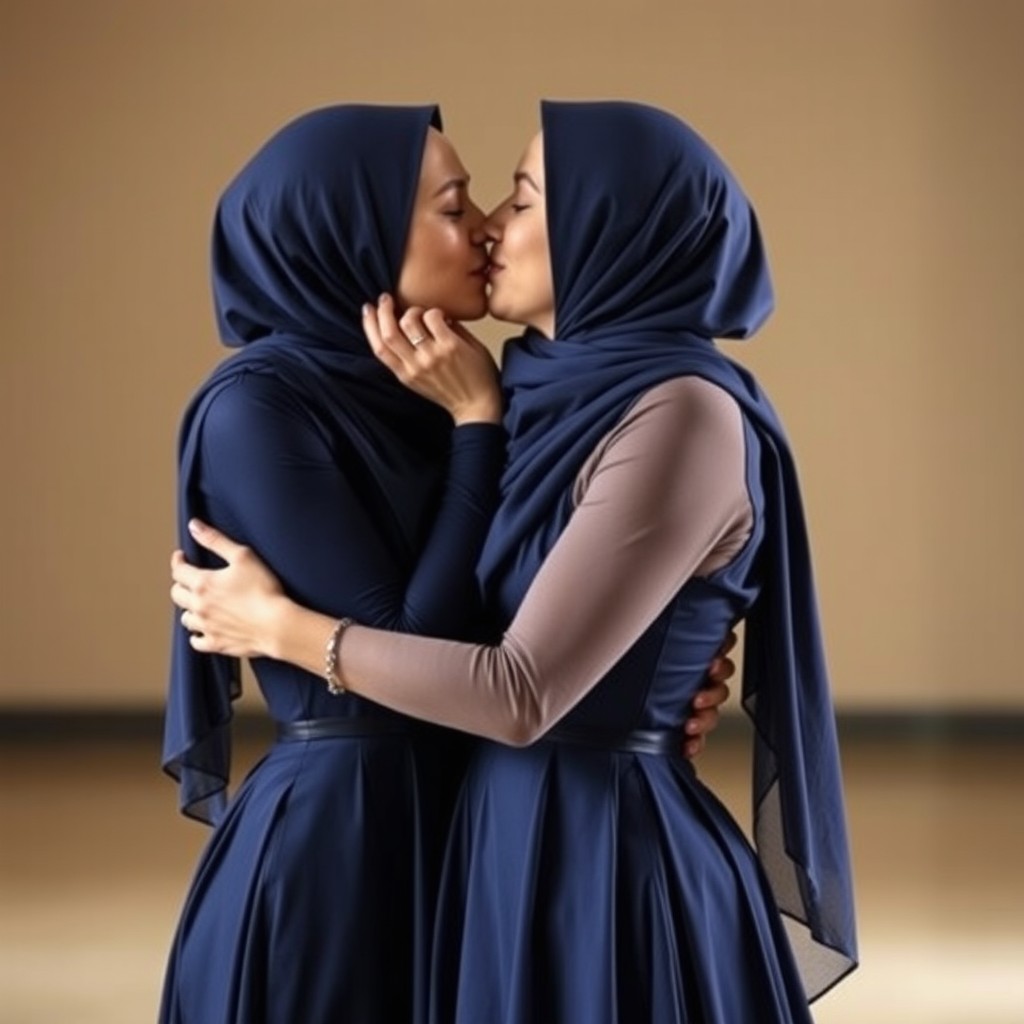 Two women wearing dark blue manteaus and matching dark blue headscarves, embracing each other passionately while sharing a kiss