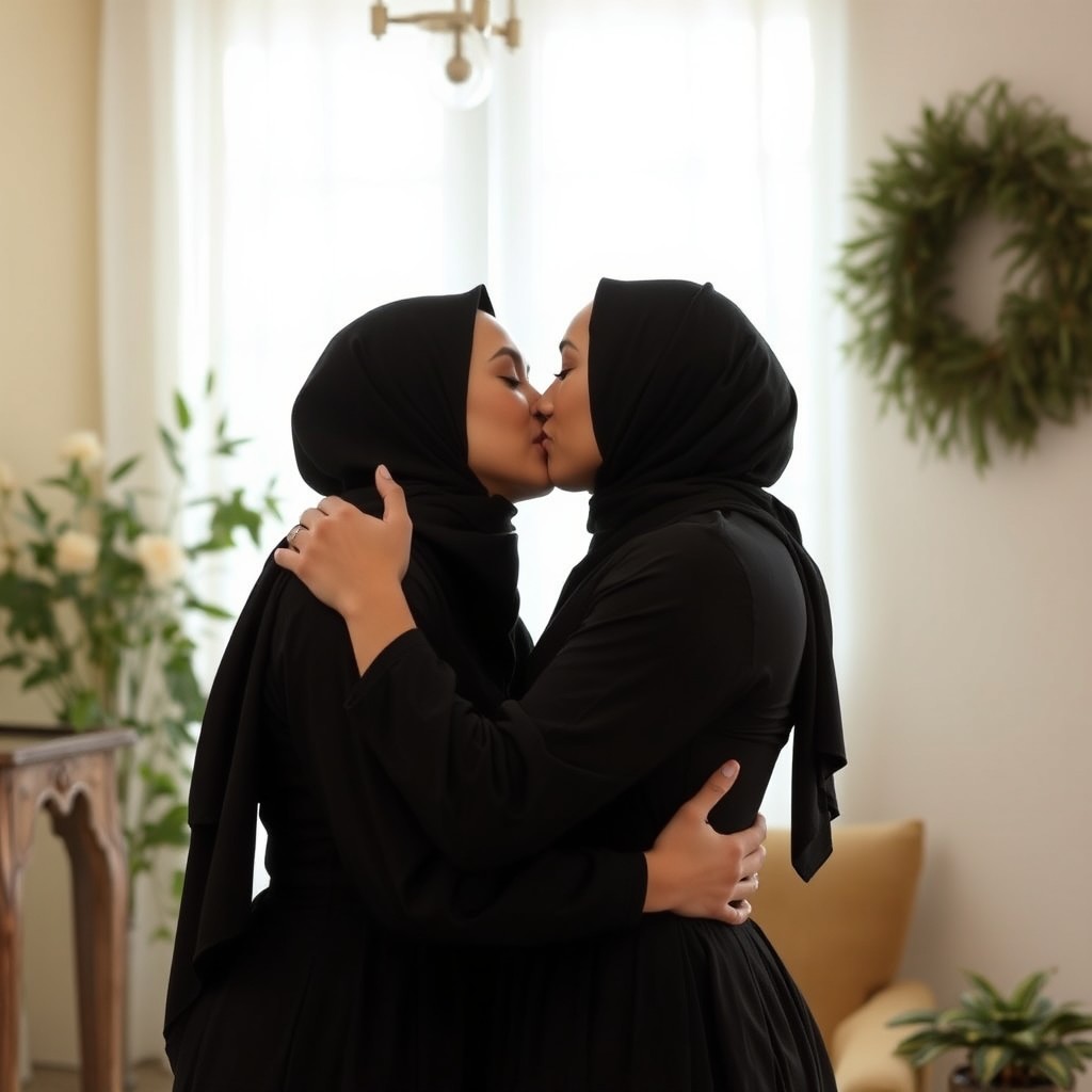 A video depicting two women in black manteaus and crêpe black headscarves, warmly embracing each other while sharing a passionate kiss