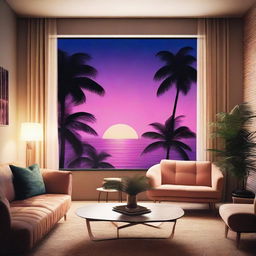 An 80's style apartment showcasing classic design elements, complete with a picturesque nighttime view of a tranquil beach and silhouetted palm trees through the window.