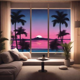 An 80's style apartment showcasing classic design elements, complete with a picturesque nighttime view of a tranquil beach and silhouetted palm trees through the window.