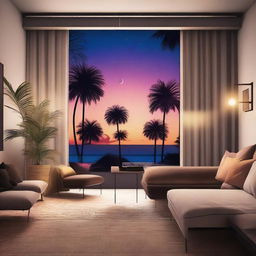 An 80's style apartment showcasing classic design elements, complete with a picturesque nighttime view of a tranquil beach and silhouetted palm trees through the window.