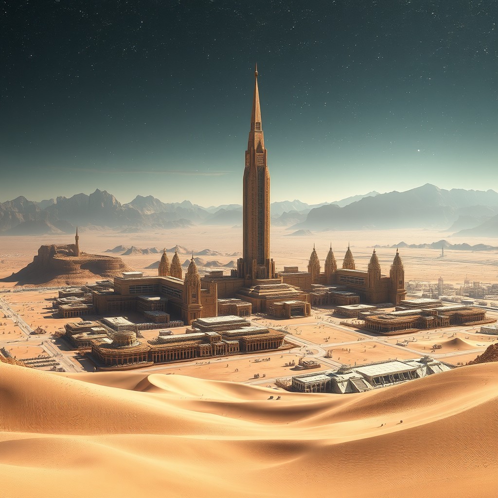 An ancient Sumerian high-tech futuristic city, set in the middle of a vast desert with sweeping sands