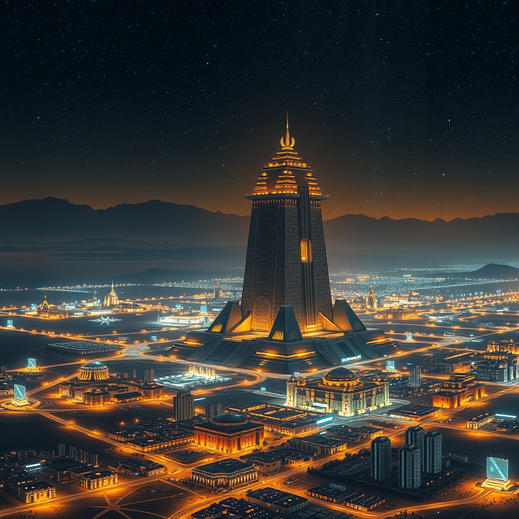 A stunning and realistic depiction of an ancient Sumerian high-tech futuristic city set in the middle of a desert