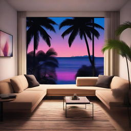 An 80's style apartment showcasing classic design elements, complete with a picturesque nighttime view of a tranquil beach and silhouetted palm trees through the window.