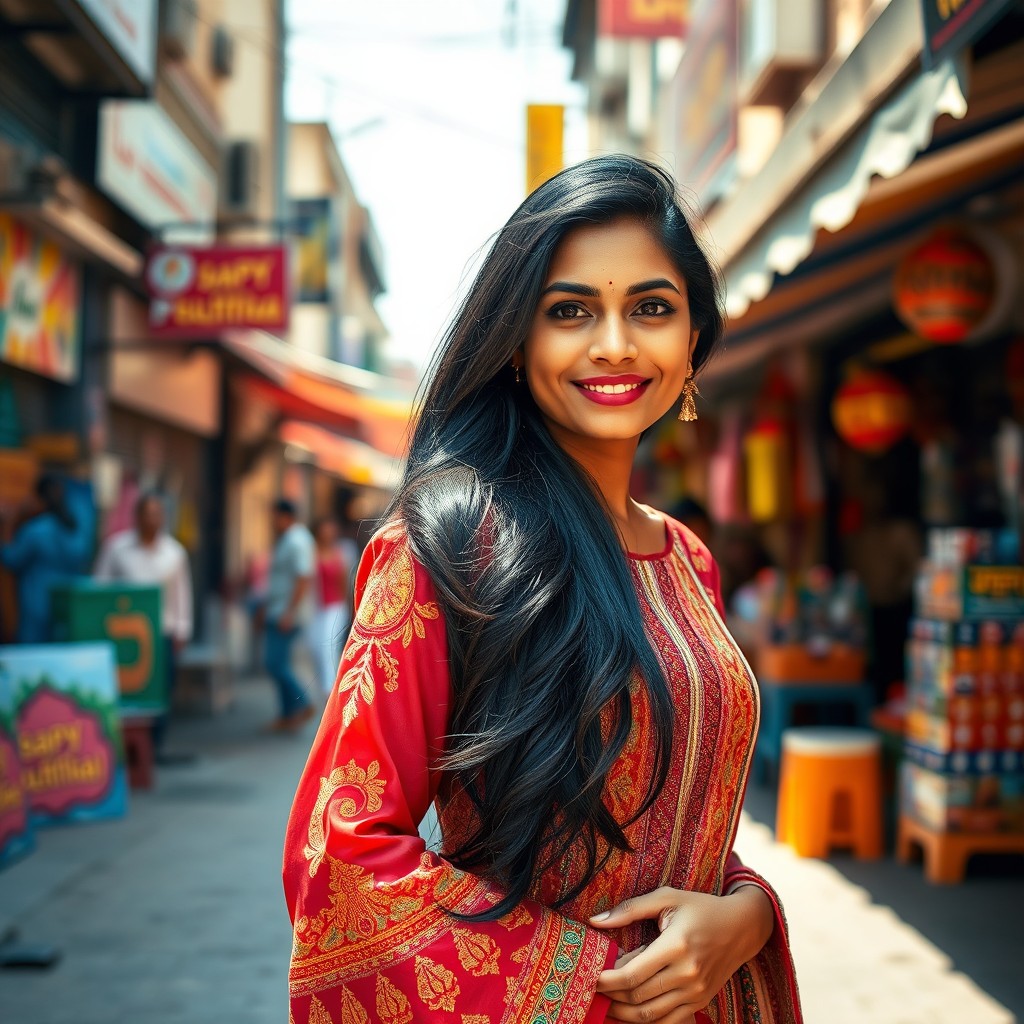 A stunning portrait of a long-legged Indian woman standing confidently in a vibrant urban setting