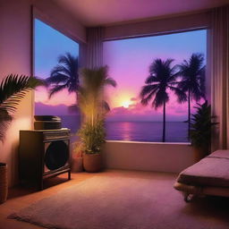 An 80's style apartment featuring a high-tech Hi-Fi system, vintage vinyl player, and classical tech. The room possesses a serene nighttime view of a beach with palm trees from the window.