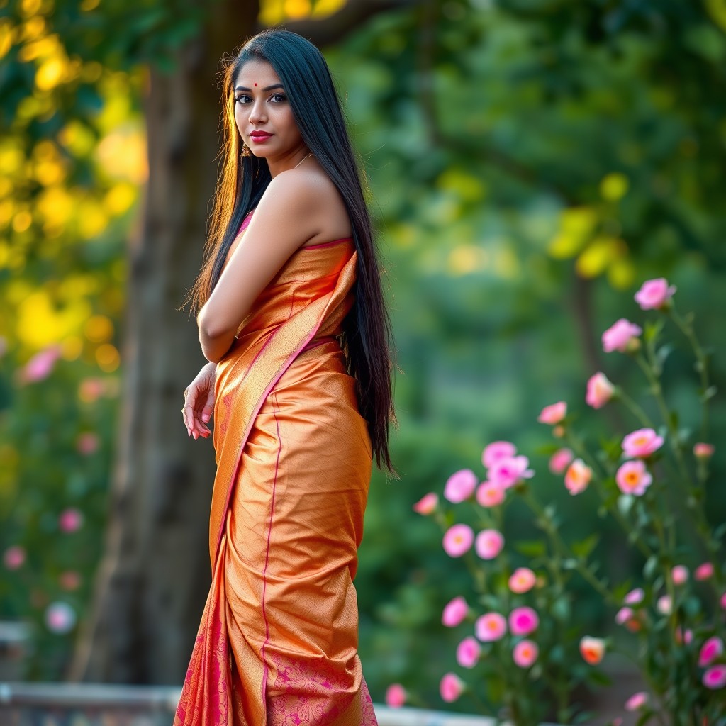 A tall, elegant Indian woman with long legs, gracefully draped in a traditional saree