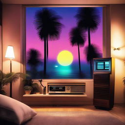 An 80's style apartment featuring a high-tech Hi-Fi system, vintage vinyl player, and classical tech. The room possesses a serene nighttime view of a beach with palm trees from the window.