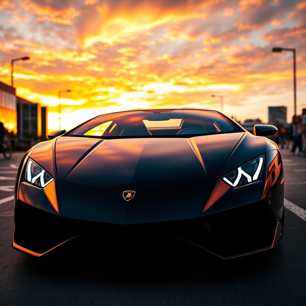 A sleek and powerful Lamborghini Aventador parked in an urban setting during sunset, showcasing its sharp aerodynamic lines and glossy finish