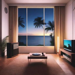 An 80's style apartment featuring a high-tech Hi-Fi system, vintage vinyl player, and classical tech. The room possesses a serene nighttime view of a beach with palm trees from the window.