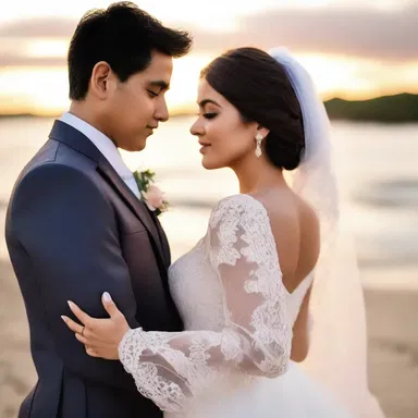 As the sun set behind the couple, he gently placed a delicate mantilla on her shoulders as a symbol of their love.