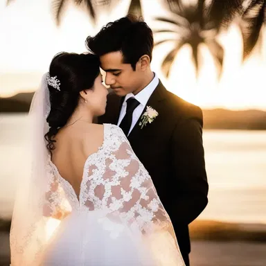 As the sun set behind the couple, he gently placed a delicate mantilla on her shoulders as a symbol of their love.