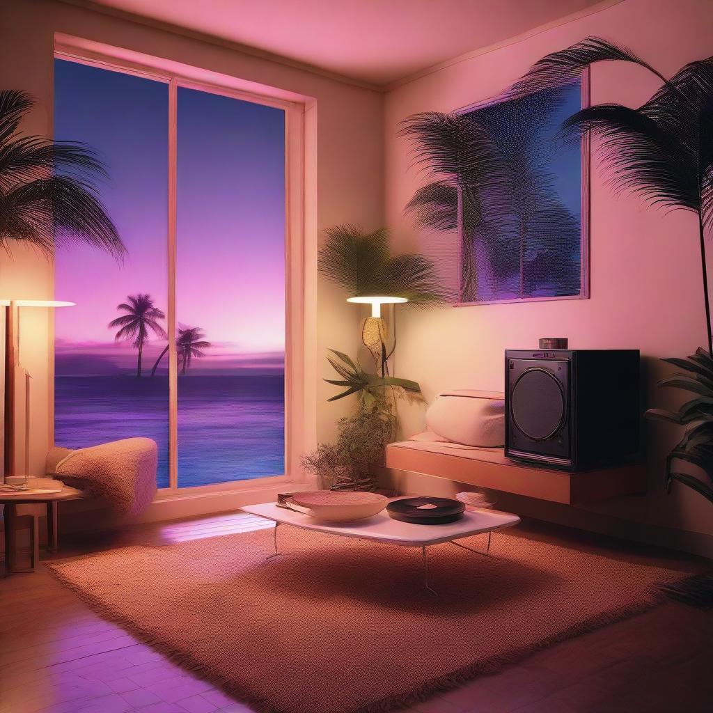 An 80's style apartment featuring a high-tech Hi-Fi system, vintage vinyl player, and classical tech. The room possesses a serene nighttime view of a beach with palm trees from the window.