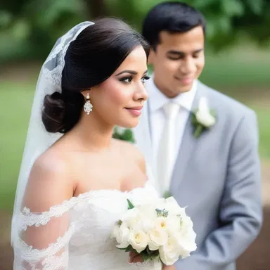 On their wedding day, the bride looked stunning in a white mantilla draped over her shoulders.