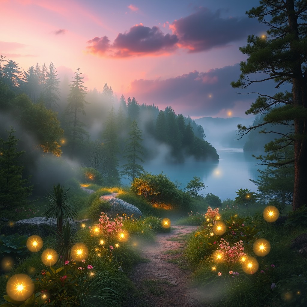 A breathtaking ethereal landscape featuring a mystical forest illuminated by soft, enchanting light