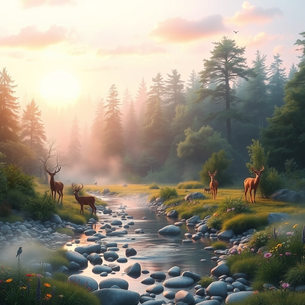 A serene, ethereal natural landscape featuring a mystical forest with soft, glowing light filtering through the dense canopy of trees