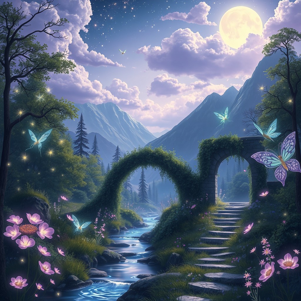 An ethereal fantasy landscape, featuring a mystical forest with glowing trees and luminescent flowers