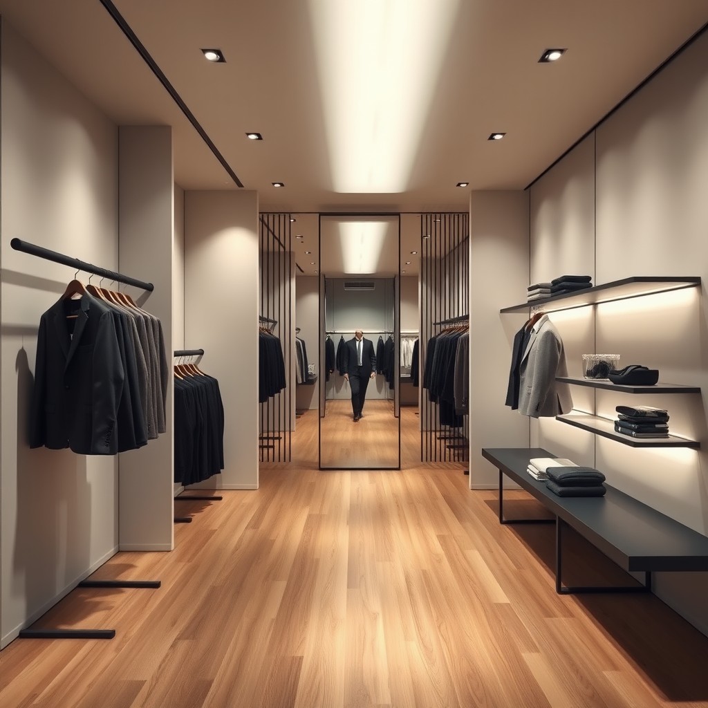 An elegant and minimalist men's clothing store interior, measuring 6m x 3m