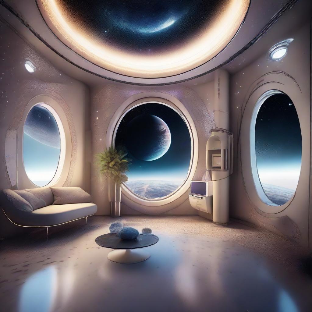 Spaceship apartment orbiting an Earth-like planet with striking view of a beautiful galaxy and shimmering stars