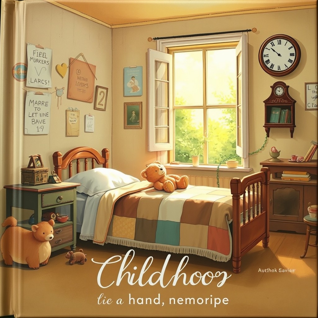 A beautifully illustrated book cover depicting a serene and nostalgic scene of an old childhood bedroom