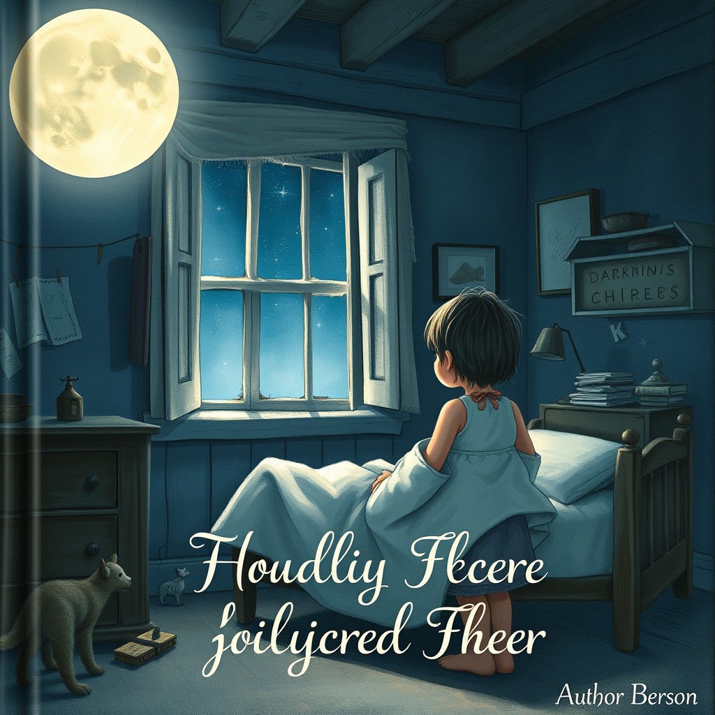 A beautifully illustrated book cover depicting a humble, ancient childhood bedroom at night