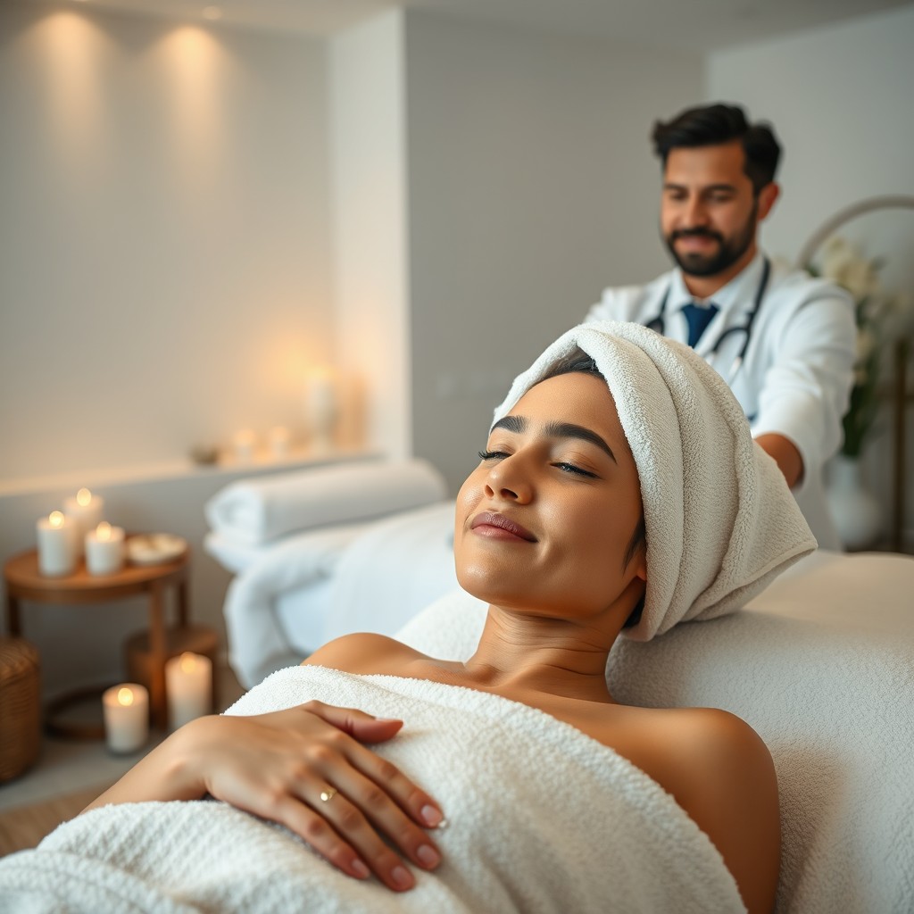 A serene and luxurious spa setting depicted in a wide view