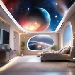 Spaceship apartment orbiting an Earth-like planet with striking view of a beautiful galaxy and shimmering stars