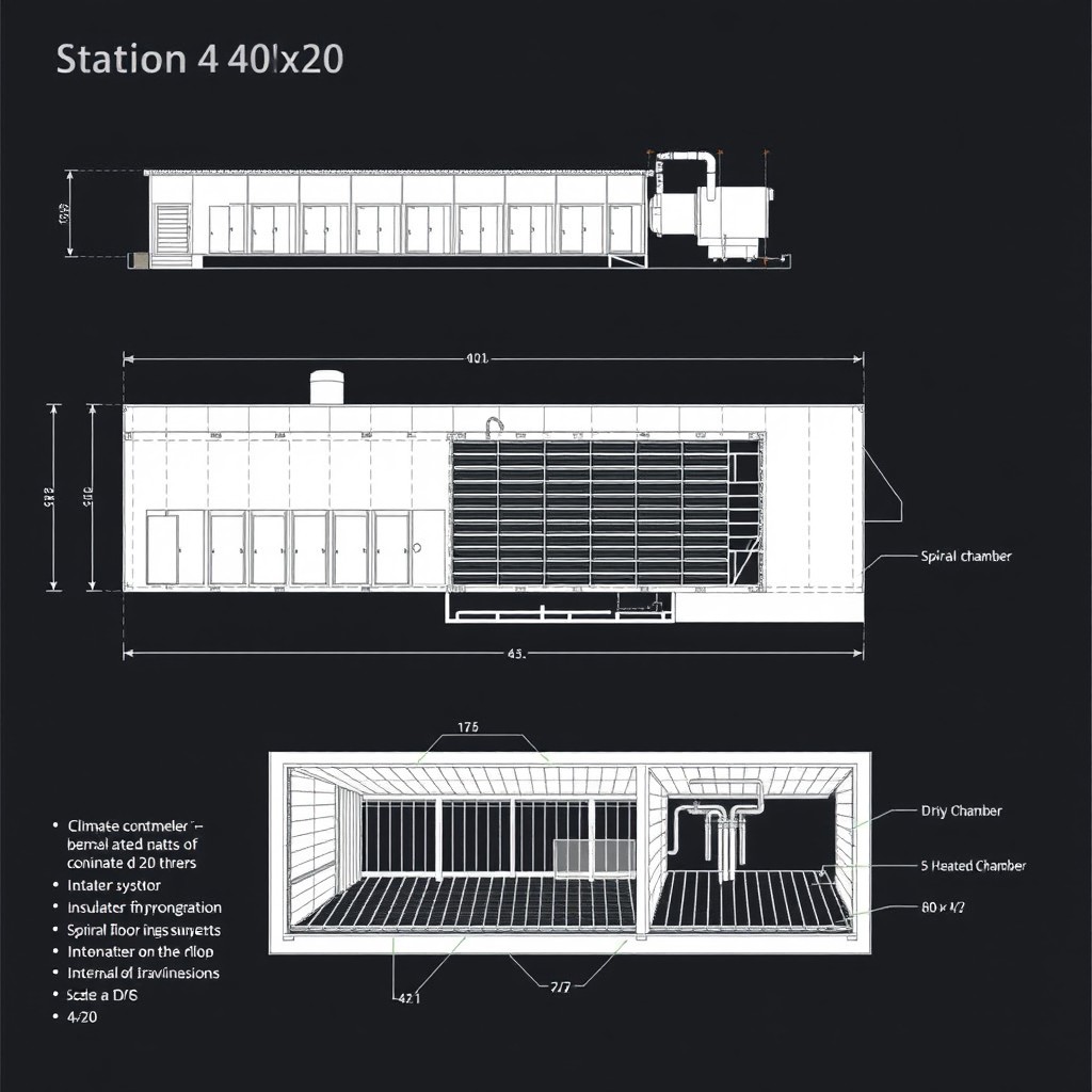 A detailed architectural plan of a curing station (Station 4) with dimensions of 40x20 meters