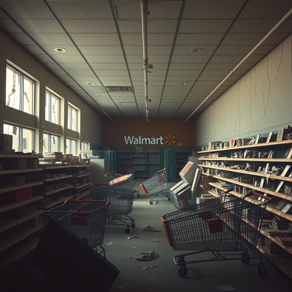 An alternate history scene depicting the downfall of the United States in the 1990s, featuring a desolate Walmart shop