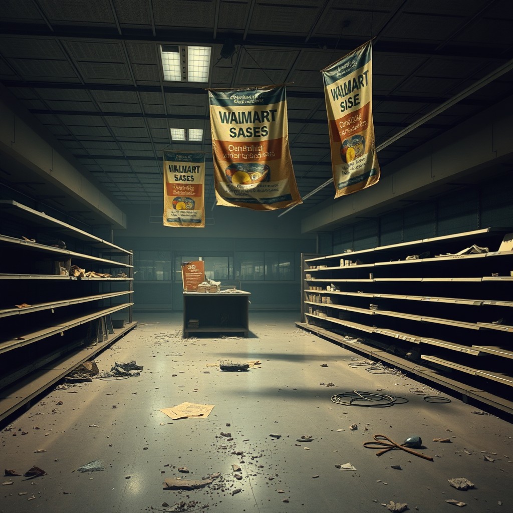 An alternate history scenario depicting the downfall of the United States in the 1990s, featuring a Walmart store with empty shelves, destroyed aisles, and broken windows