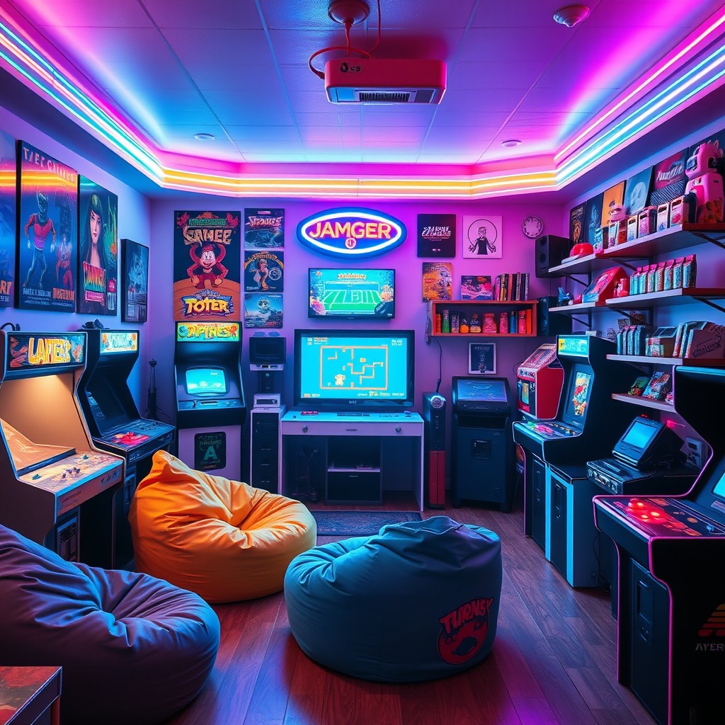 A vibrant and nostalgic retro game room filled with classic arcade machines, vintage consoles, and colorful LED lighting