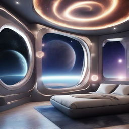 Spaceship apartment orbiting an Earth-like planet with striking view of a beautiful galaxy and shimmering stars